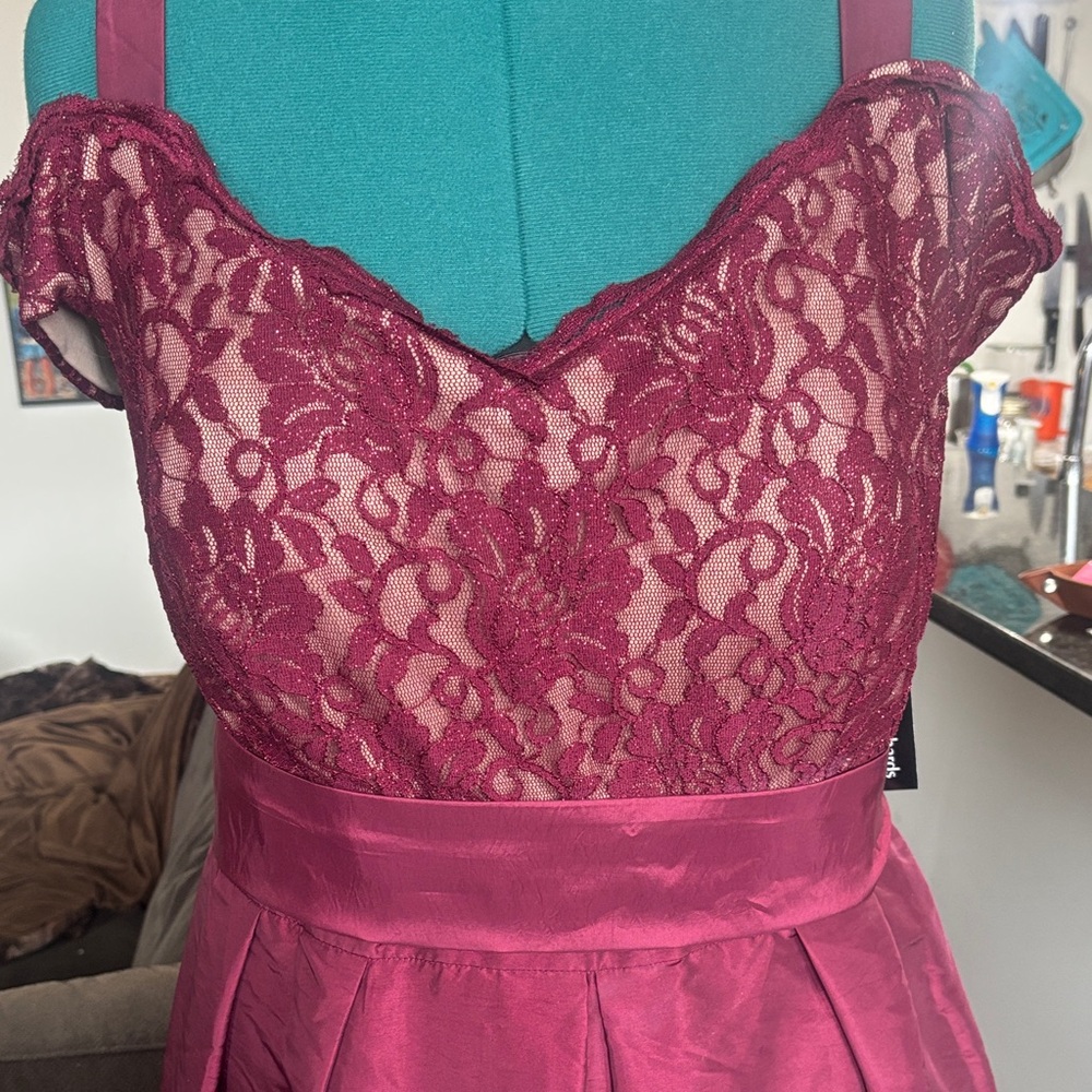 R & M Richards Burgundy Lace Prom Dress - Picture 2 of 9